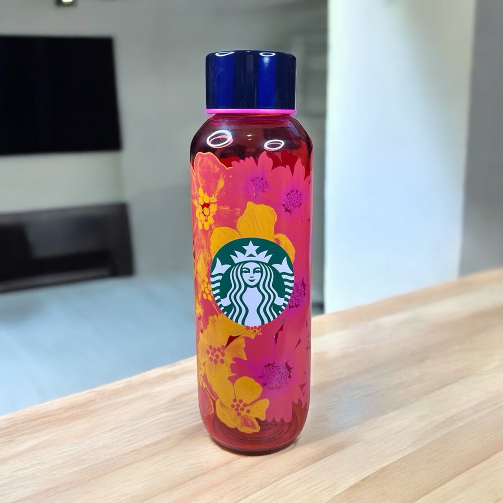 Starbucks 2022 Floral‎ Red Orange Ombre Glass Water Bottle 20oz